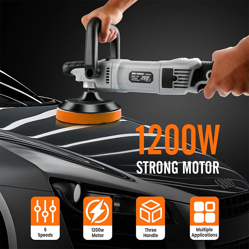 Rotary Buffer Polisher 6inch 15mm 6 Variable Speed 1200W Car Buffer Polisher 1000-3000 RPM Detachable Handle for Car Detailing