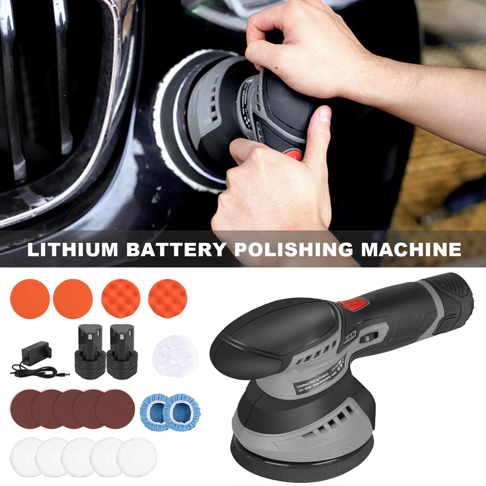 Cordless Car Buffer Polisher Kit 5250Rpm 6 Variable Speed Scratch Removing Battery Powered Car Detailing Wireless Polisher