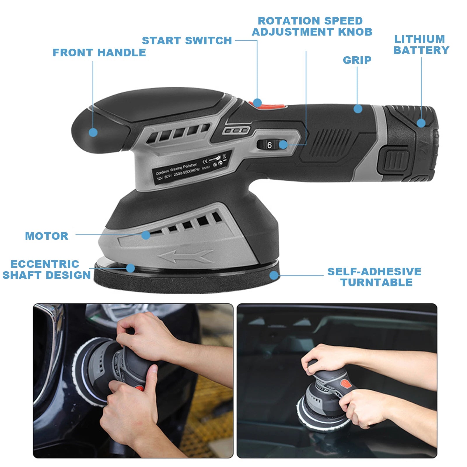 Cordless Car Buffer Polisher Kit 5250Rpm 6 Variable Speed Scratch Removing Battery Powered Car Detailing Wireless Polisher