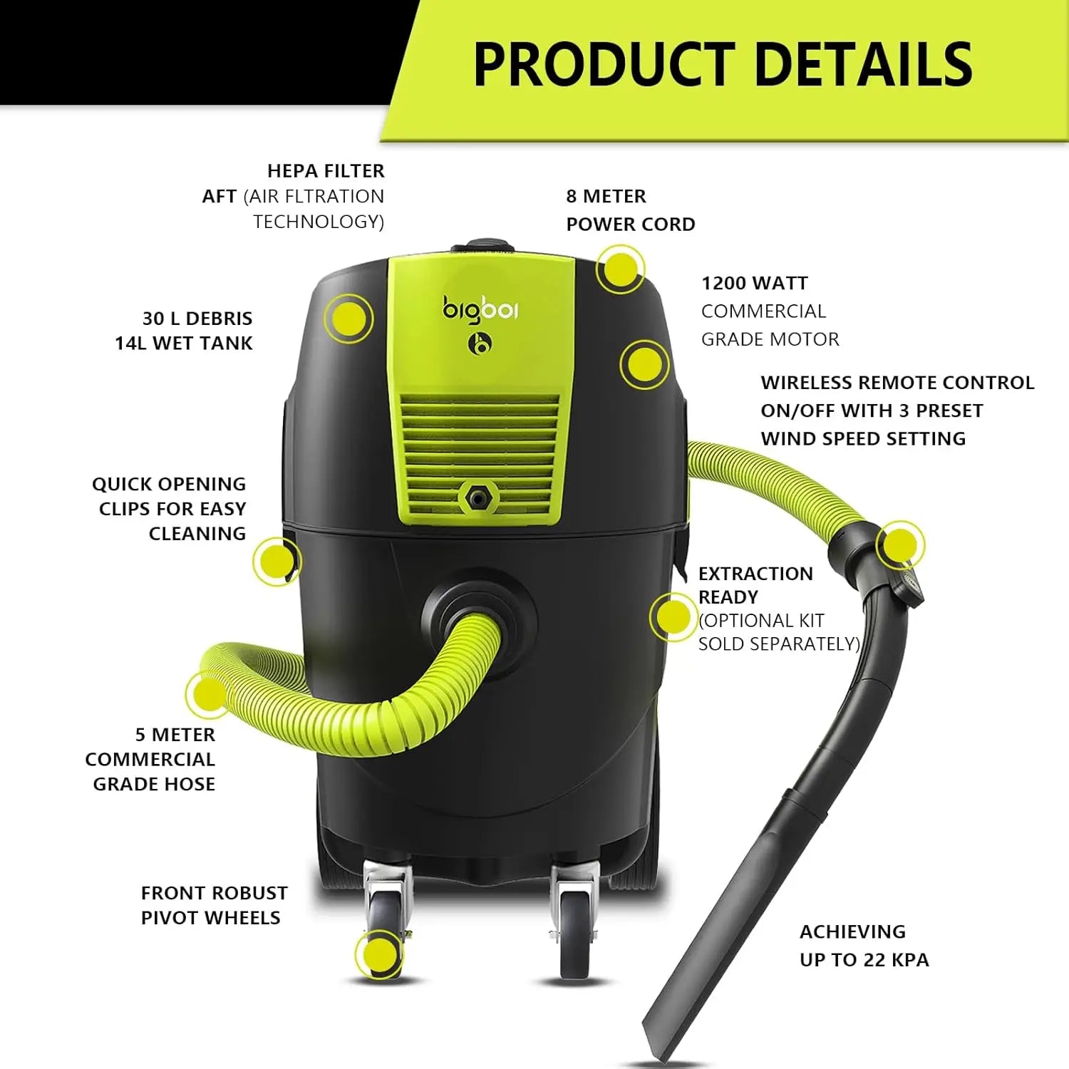 Bigboi Suckr Pro Wet Dry Shampoo Vacuum Cleaner, Hepa Filter Extractor Vacuum For Car Detailing, 8 Gallon Portable Carpet Shop