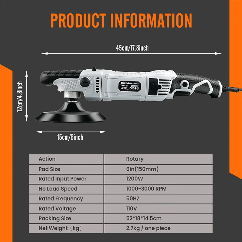 Rotary Buffer Polisher 6inch 15mm 6 Variable Speed 1200W Car Buffer Polisher 1000-3000 RPM Detachable Handle for Car Detailing