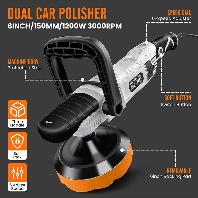 Rotary Buffer Polisher 6inch 15mm 6 Variable Speed 1200W Car Buffer Polisher 1000-3000 RPM Detachable Handle for Car Detailing