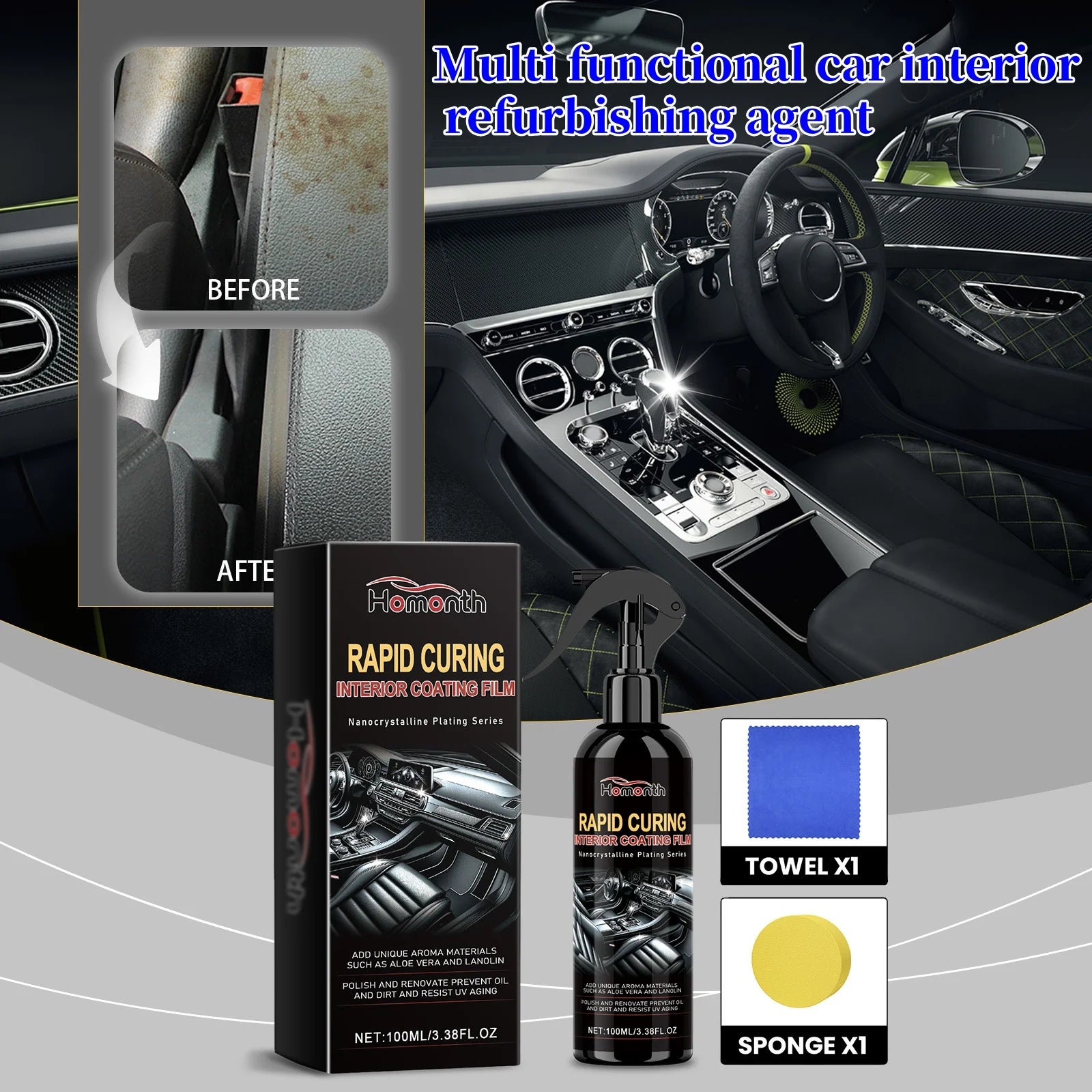 Homonth 100ml Mild Liquid Auto Cleaning Spray Car Detailing Restorer Vehicle Interior Cleaning Essence Car Cleaning Products