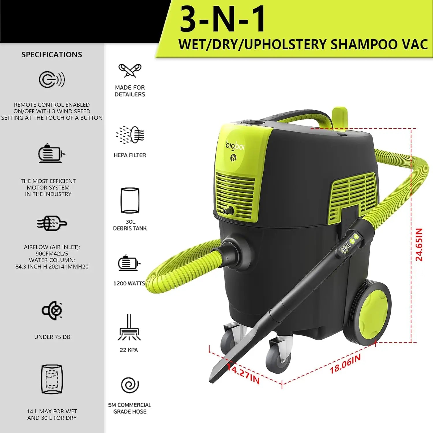 Bigboi Suckr Pro Wet Dry Shampoo Vacuum Cleaner, Hepa Filter Extractor Vacuum For Car Detailing, 8 Gallon Portable Carpet Shop